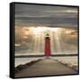 Manistique Lighthouse and Sunbeams, Manistique, Michigan '14-Monte Nagler-Framed Stretched Canvas