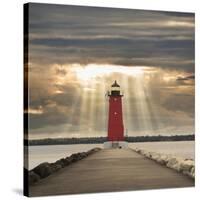 Manistique Lighthouse and Sunbeams, Manistique, Michigan '14-Monte Nagler-Stretched Canvas