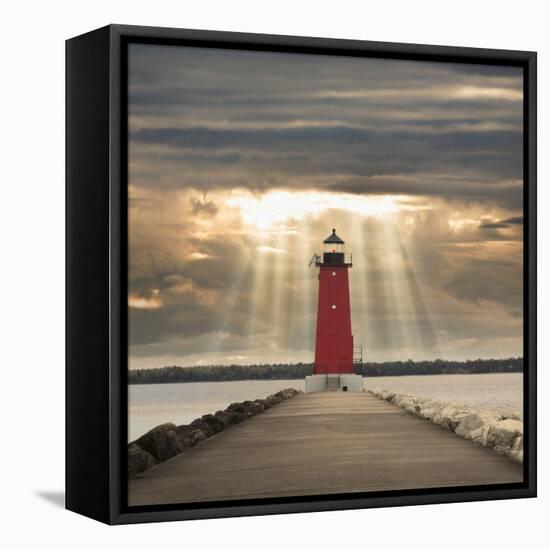 Manistique Lighthouse and Sunbeams, Manistique, Michigan '14-Monte Nagler-Framed Stretched Canvas