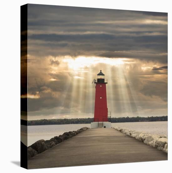 Manistique Lighthouse and Sunbeams, Manistique, Michigan '14-Monte Nagler-Stretched Canvas