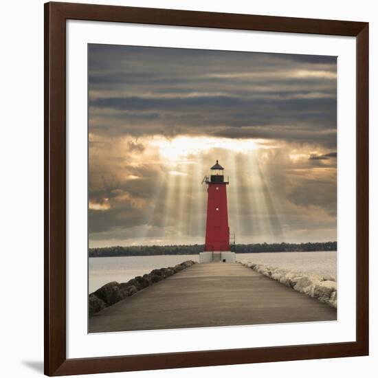 Manistique Lighthouse and Sunbeams, Manistique, Michigan '14-Monte Nagler-Framed Photographic Print