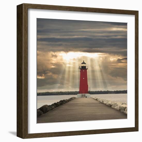 Manistique Lighthouse and Sunbeams, Manistique, Michigan '14-Monte Nagler-Framed Photographic Print