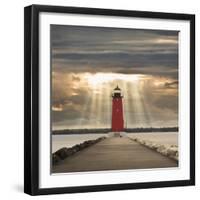 Manistique Lighthouse and Sunbeams, Manistique, Michigan '14-Monte Nagler-Framed Photographic Print