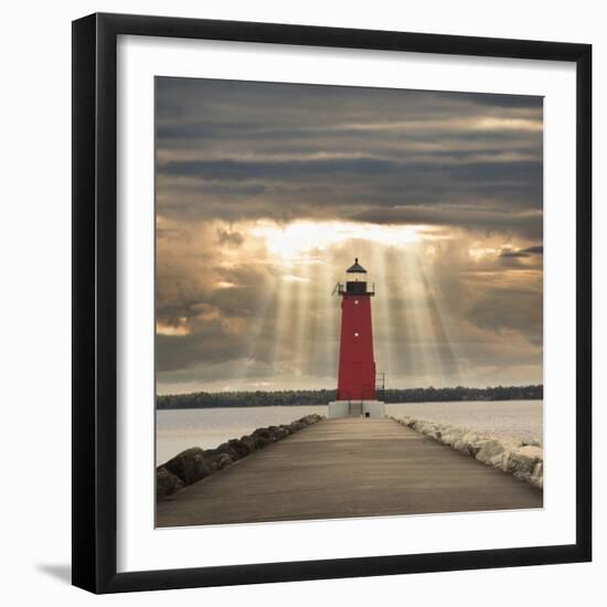 Manistique Lighthouse and Sunbeams, Manistique, Michigan '14-Monte Nagler-Framed Photographic Print