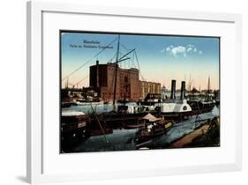 Mannheim, Partie Am Rheinhafen, Lagerhaus, Dampfer, Boot Moewe-null-Framed Giclee Print