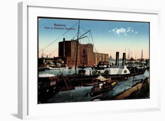 Mannheim, Partie Am Rheinhafen, Lagerhaus, Dampfer, Boot Moewe-null-Framed Giclee Print