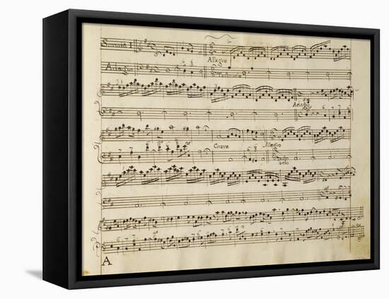 Manuscript Page from the Score of Opus V, 'sonata for Violin, Violone, and Harpsichord'-Arcangelo Corelli-Framed Stretched Canvas