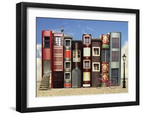 Many Books with Windows Doors Lamps in a External Background with Blue Light Sky-Valentina Photos-Framed Art Print