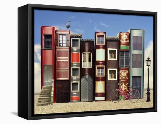 Many Books with Windows Doors Lamps in a External Background with Blue Light Sky-Valentina Photos-Framed Stretched Canvas