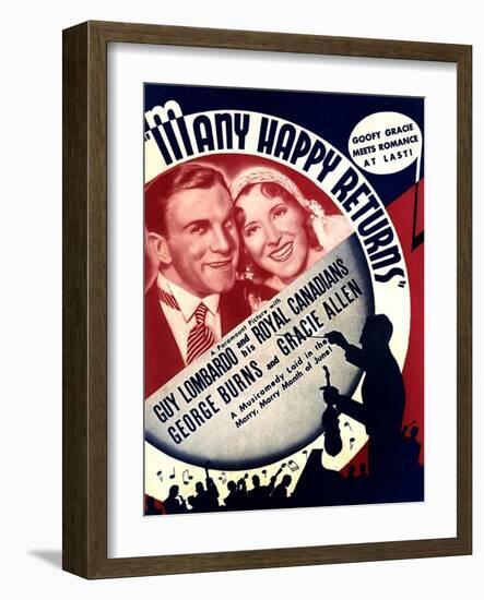 MANY HAPPY RETURNS, US ad art, from left: George Burns, Gracie Allen, Guy Lombardo, 1934-null-Framed Art Print