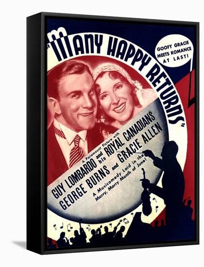 MANY HAPPY RETURNS, US ad art, from left: George Burns, Gracie Allen, Guy Lombardo, 1934-null-Framed Stretched Canvas