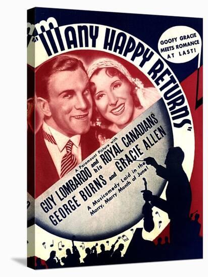 MANY HAPPY RETURNS, US ad art, from left: George Burns, Gracie Allen, Guy Lombardo, 1934-null-Stretched Canvas