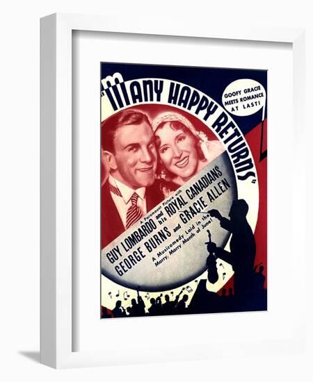 MANY HAPPY RETURNS, US ad art, from left: George Burns, Gracie Allen, Guy Lombardo, 1934-null-Framed Art Print