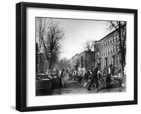 Many Men Hard at Work Paving a Street-George B^ Brainerd-Framed Photographic Print