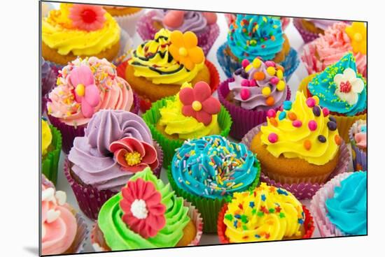 Many Sweet Birthday Cupcakes With Flowers And Butter Cream-Ivonnewierink-Mounted Art Print