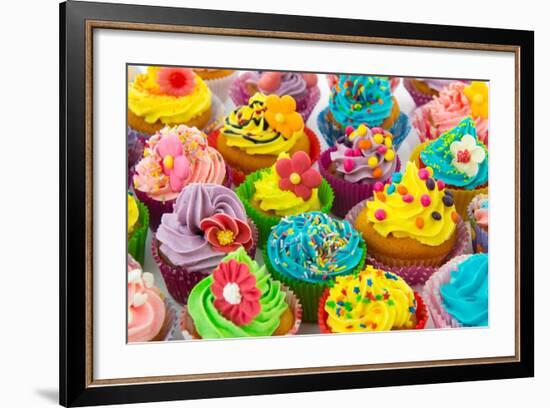 Many Sweet Birthday Cupcakes With Flowers And Butter Cream-Ivonnewierink-Framed Art Print