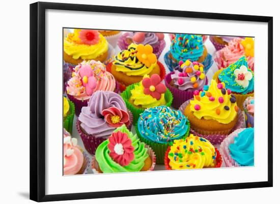 Many Sweet Birthday Cupcakes With Flowers And Butter Cream-Ivonnewierink-Framed Art Print