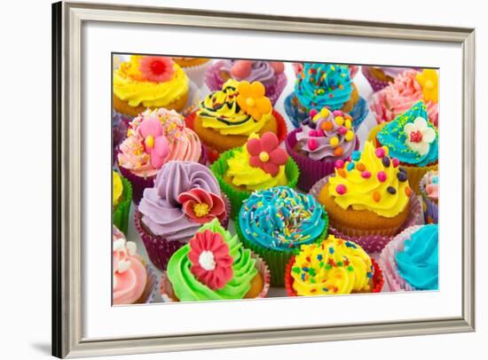 Many Sweet Birthday Cupcakes With Flowers And Butter Cream-Ivonnewierink-Framed Art Print