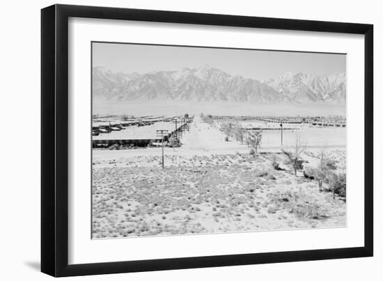 Manzanar from Guard Tower, View West (Sierra Nevada in Background),-Ansel Adams-Framed Art Print