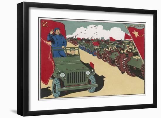 Mao Reviews His Army, The Line up in Tanks as He Drives Past and Salutes-null-Framed Art Print