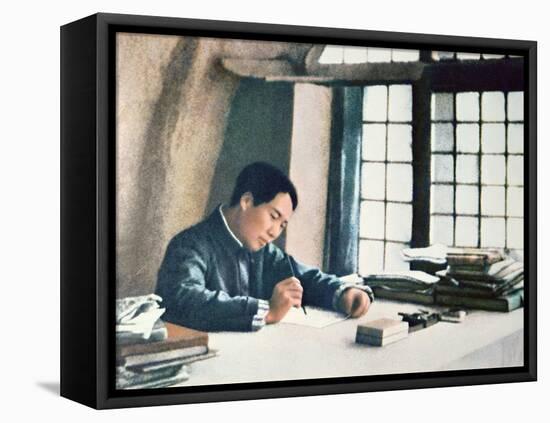 Mao Zedong Writing His 'On Protracted War' in a Cave-Dwelling in Yenan, 1938-Chinese Photographer-Framed Stretched Canvas