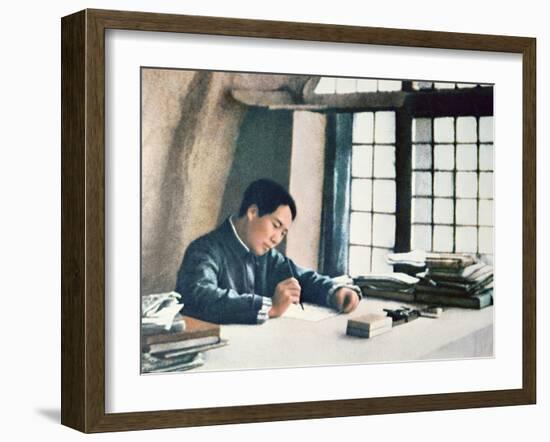 Mao Zedong Writing His 'On Protracted War' in a Cave-Dwelling in Yenan, 1938-Chinese Photographer-Framed Photographic Print