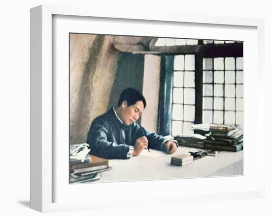 Mao Zedong Writing His 'On Protracted War' in a Cave-Dwelling in Yenan, 1938-Chinese Photographer-Framed Photographic Print