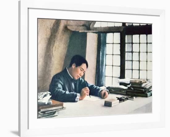 Mao Zedong Writing His 'On Protracted War' in a Cave-Dwelling in Yenan, 1938-Chinese Photographer-Framed Photographic Print