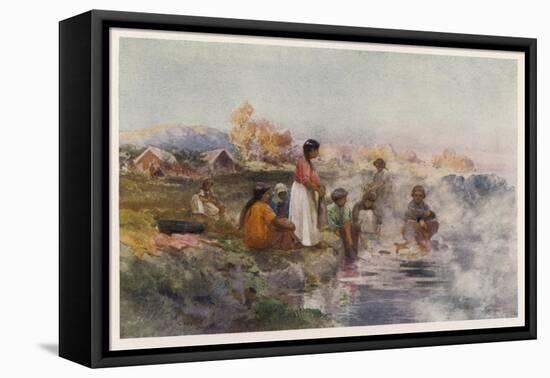 Maori Women Washing Laundry in the Hot Spring at Ohinemutu New Zealand-W. Wright-Framed Stretched Canvas