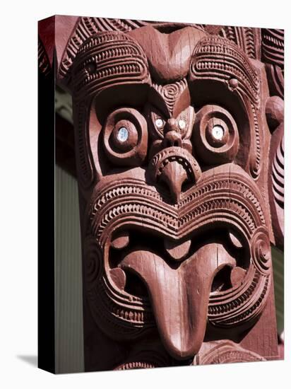 Maori Wooden Carving with Tongue Sticking Out, Rotorua, North Island, New Zealand-D H Webster-Stretched Canvas