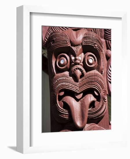 Maori Wooden Carving with Tongue Sticking Out, Rotorua, North Island, New Zealand-D H Webster-Framed Photographic Print