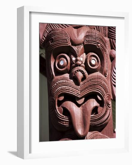 Maori Wooden Carving with Tongue Sticking Out, Rotorua, North Island, New Zealand-D H Webster-Framed Photographic Print