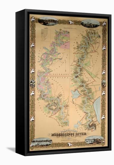 Map Depicting Plantations on the Mississippi River from Natchez to New Orleans, 1858-null-Framed Stretched Canvas