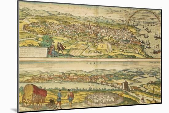 Map of Barcelona and Ecija from Civitates Orbis Terrarum-null-Mounted Giclee Print