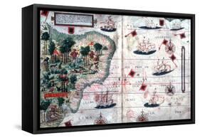 Map of Brazil by Portuguese Navigators Pedro Reinel and Lopo Homen, C1525-Lopo Homen-Framed Stretched Canvas