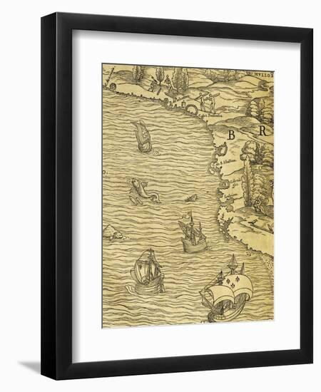 Map of Brazilian Coast, Engraving from Navigations and Voyages-Giovanni Battista Ramusio-Framed Premium Giclee Print