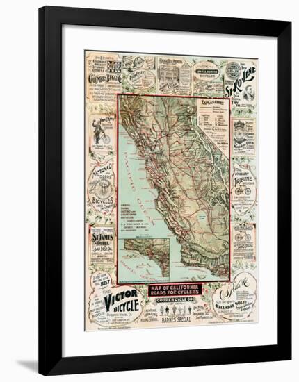 Map of California Roads for Cyclers, 1896-George W^ Blum-Framed Giclee Print