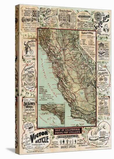 Map of California Roads for Cyclers, 1896-George W^ Blum-Stretched Canvas
