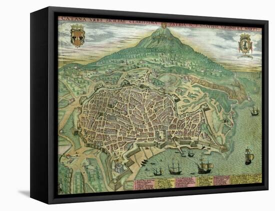 Map of Catania, from "Civitates Orbis Terrarum" by Georg Braun and Frans Hogenberg, circa 1572-Joris Hoefnagel-Framed Stretched Canvas