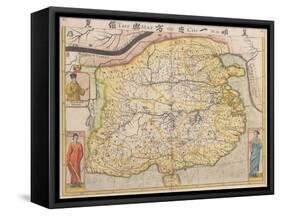 Map of China with Inset Portraits of Matteo Ricci and Two Chinese Costumed Figures, circa 1625-26-Samuel Purchas-Framed Stretched Canvas