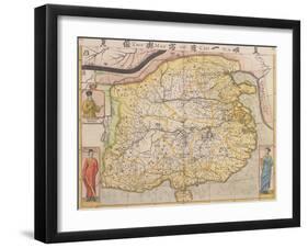 Map of China with Inset Portraits of Matteo Ricci and Two Chinese Costumed Figures, circa 1625-26-Samuel Purchas-Framed Giclee Print