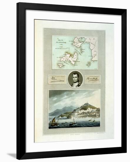 Map of Elba, View of Porto Ferraio with Portrait of Napoleon and Signature, c.1815-null-Framed Giclee Print