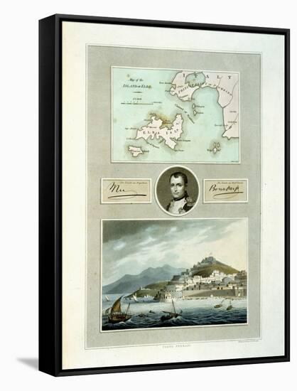 Map of Elba, View of Porto Ferraio with Portrait of Napoleon and Signature, c.1815-null-Framed Stretched Canvas