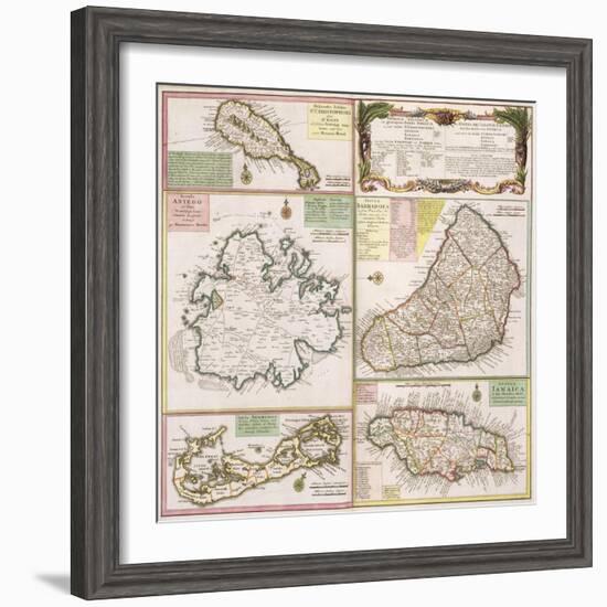 Map of English Colonies in the Caribbean, Pub. by Homann's Heirs, Nuremberg, c.1750-null-Framed Giclee Print