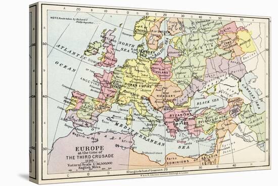 Map of Europe at the Time of the Third Crusade, 1190, from 'Historical Atla-English School-Stretched Canvas