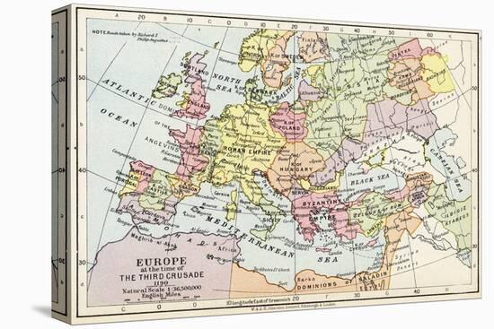 Map of Europe at the Time of the Third Crusade, 1190, from 'Historical Atla-English School-Stretched Canvas