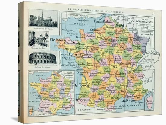 Map of France, C. 1914 (Colour Litho)-French-Stretched Canvas