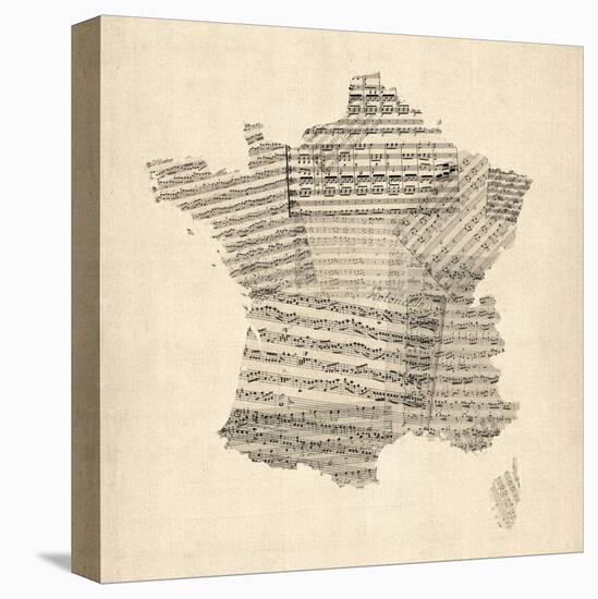 Map of France Old Sheet Music Map-Michael Tompsett-Stretched Canvas