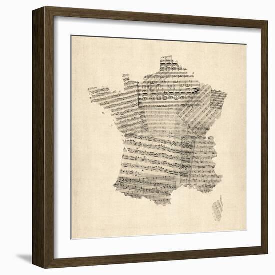 Map of France Old Sheet Music Map-Michael Tompsett-Framed Art Print