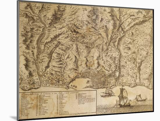 Map of Genoa with Encampments Erected During 1747 Siege and Surrounding Lands and Valleys-null-Mounted Giclee Print